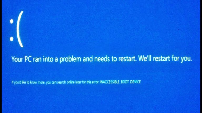 Blue screen of death showing Inaccessible Boot Device error